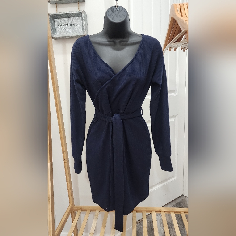Navy blue dress, long sleeve, belted waist, NWT, size small.